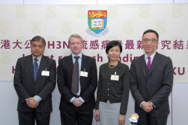 Professor J. S. Malik Peiris (Left 1), Tam Wah-Ching Professor in Medical Science, Chair Professor and Director, School of Public Health, Dr Benjamin J. Cowling (Left 2), Associate Professor and Division Head of Epidemiology and Biostatistics, School of Public Health, Dr Susan S. Chiu (Right 2), Clinical Associate Professor of Department of Paediatrics and Adolescent Medicine, Professor Gabriel M. Leung (Right 1), Director of WHO Collaborating Centre for Infectious Disease Epidemiology and Control, School of Public Health, Li Ka Shing Faculty of Medicine, HKU took a group photo after the press conference.